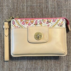 SPARTINA 449 DAUFUSKIE ISLAND LEATHER LINEN FLORAL CLUTCH GOLD HARDWARE VGUC